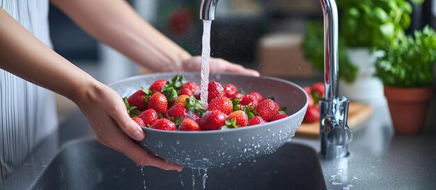 PSD washing strawberries in the kitchen sink