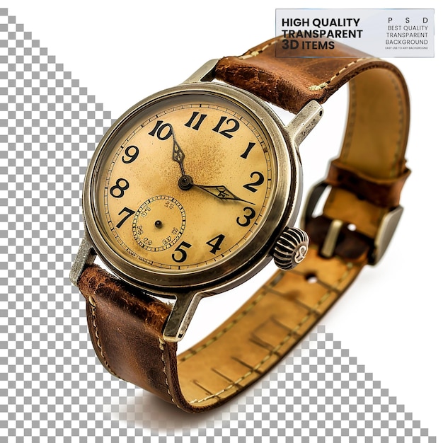 PSD a watch with a brown leather band is shown on a transparent background