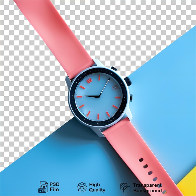 a watch with a red face and a blue background with a blue and red band