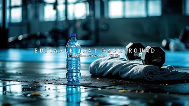 PSD water bottle and dumbbell on a gym floor