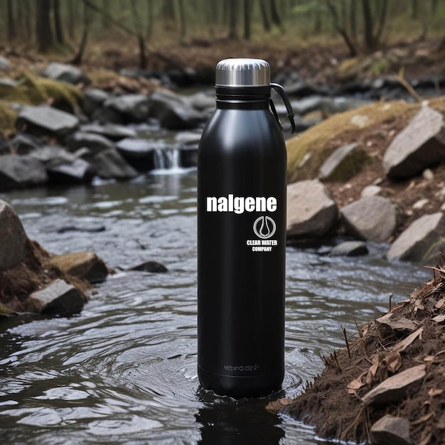 a water bottle is in a stream with rocks in the background