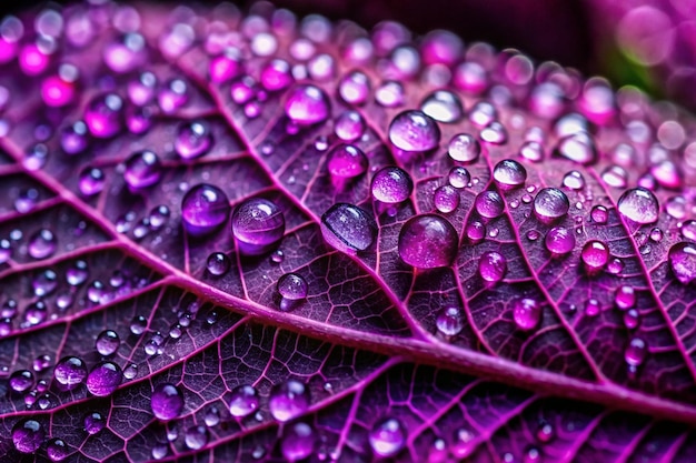 water droplets glisten on a vibrant purple leaf