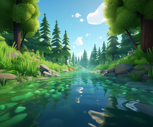 PSD water lake neat the forest 3d background