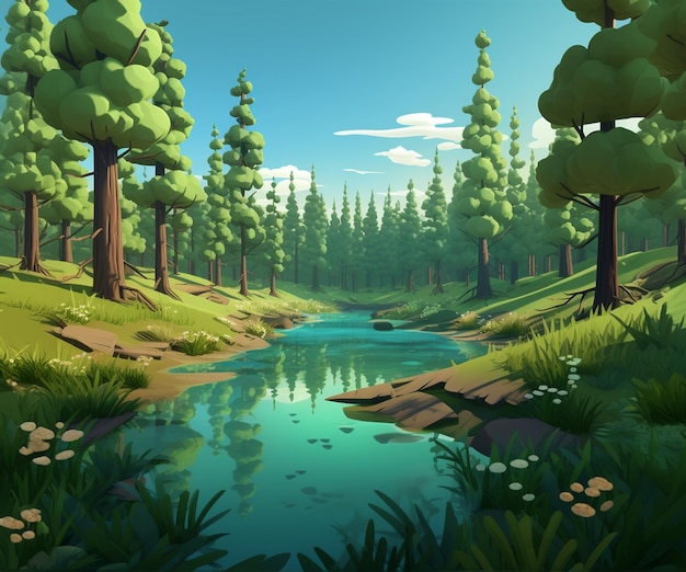 PSD water lake neat the forest 3d background