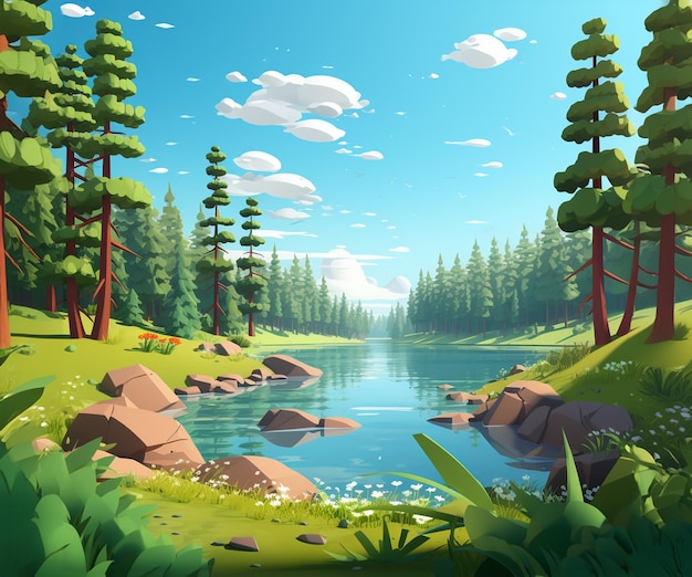 Water lake neat the forest 3d background