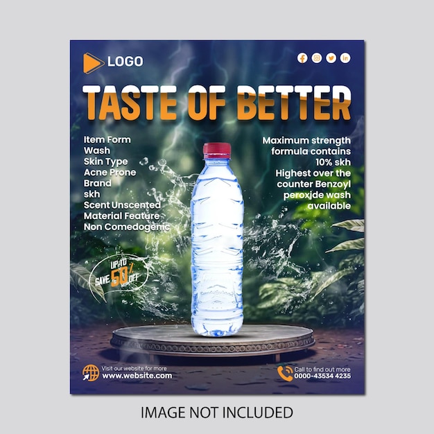 Water in plastic bottle with social media banner post design template