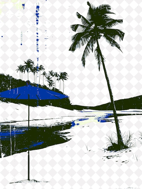 a water scene with palm trees and a blue umbrella