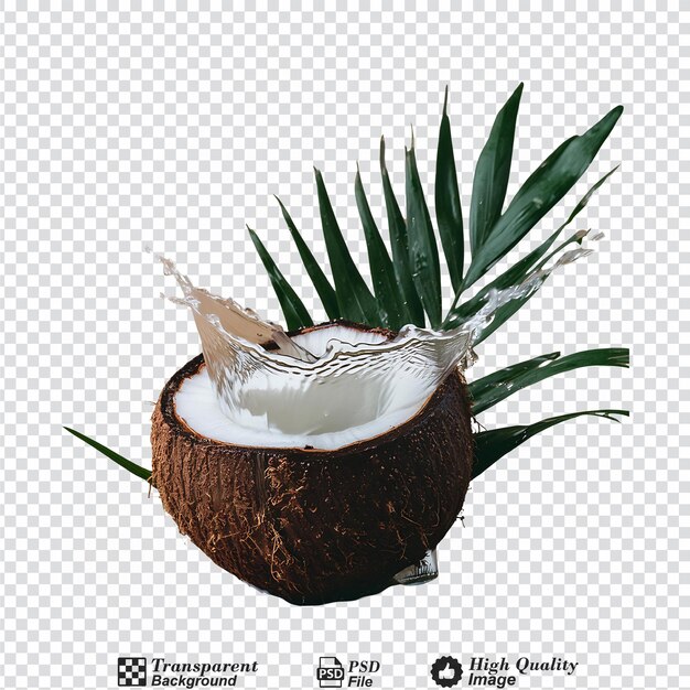 PSD water splash on coconut with leaves isolated on transparent background