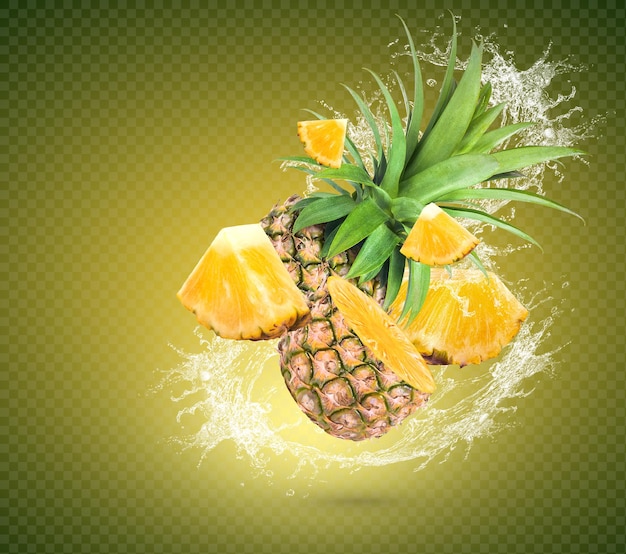 Water Splash On fresh pineapple With Leaves Isolated On green Background Premium PSD