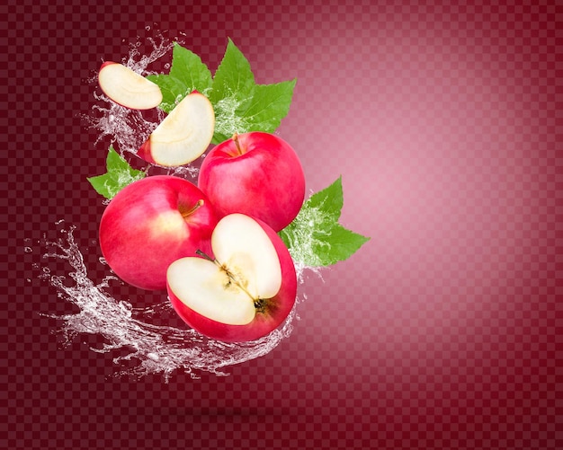 PSD water splash on fresh red apple with leaves isolated on red background premium psd