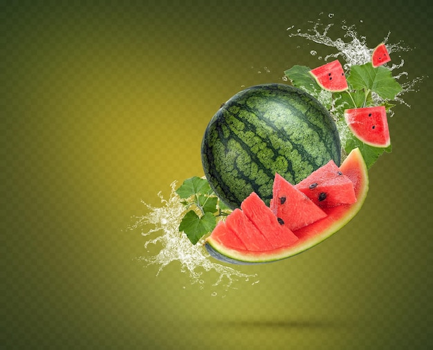 Water splash on watermelon with leaves isolated on green background Premium PSD