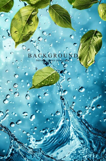 PSD water splash with green leaves background