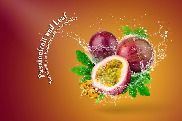 Water splashing of Passion fruit on red background