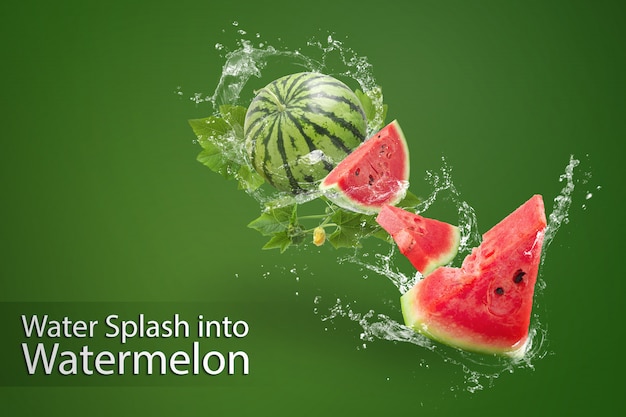 Water splashing on Sliced of watermelon on green