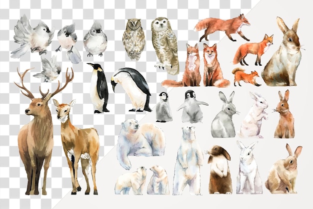 PSD watercolor animal png sticker winter wildlife illustration set on transparent background