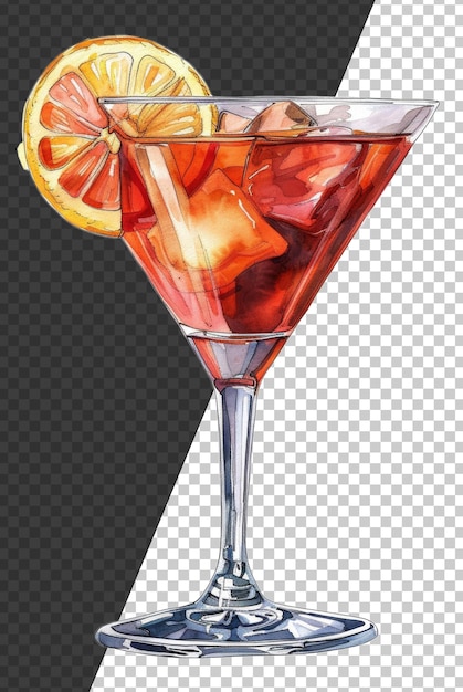 PSD watercolor art of a cocktail drink with lemon slice and cherry on transparent background stock png