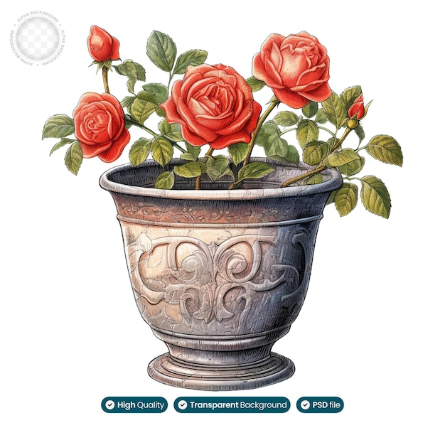 Watercolor Artistry Depicting the Vibrant Colors and Lush Foliage of a Potted Rose