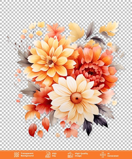 Watercolor autumn flowers bouquet on transparent background