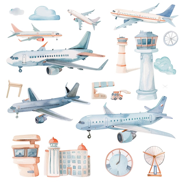 PSD watercolor aviation illustrations airplanes airport towers and travel icons