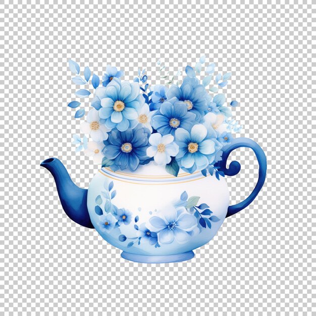 PSD watercolor blue teapot with flowers isolated on transparent background