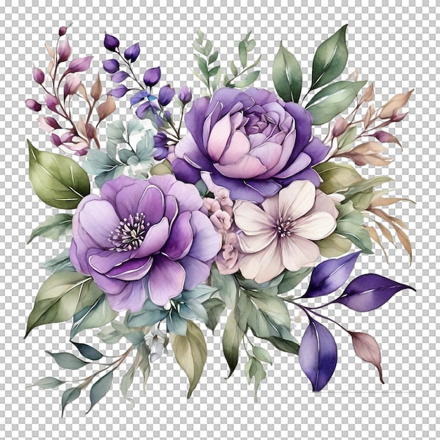 Watercolor Bouquet of flowers isolated white background blue roses and gray leaves