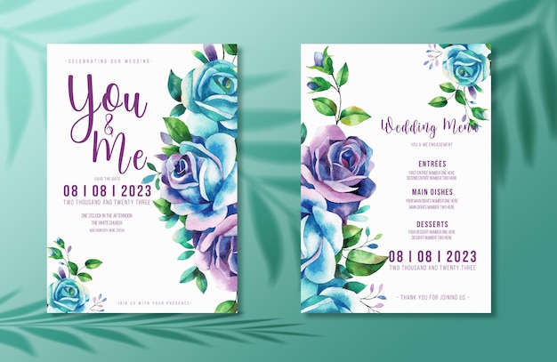 Watercolor bunch of flowers wedding invitation card and menu template