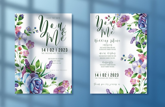 Watercolor bunch of flowers wedding invitation card and menu template