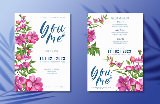 Watercolor bunch of flowers wedding invitation card and menu template