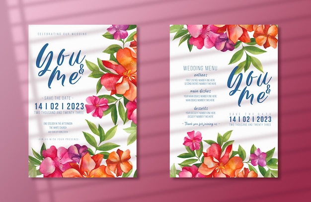 Watercolor bunch of flowers wedding invitation card and menu template