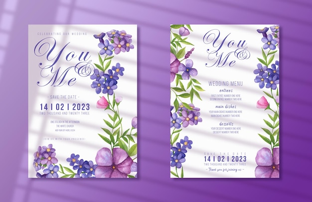 Watercolor bunch of flowers wedding invitation card and menu template