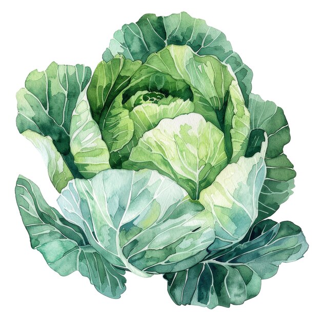 PSD watercolor cabbage illustration green vegetables botanical art fresh produce