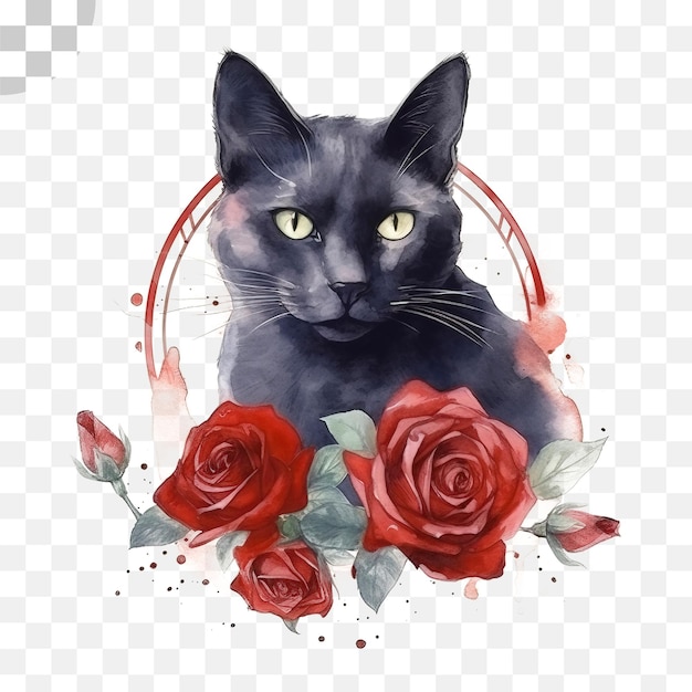 PSD watercolor cat and red rose on transparent background