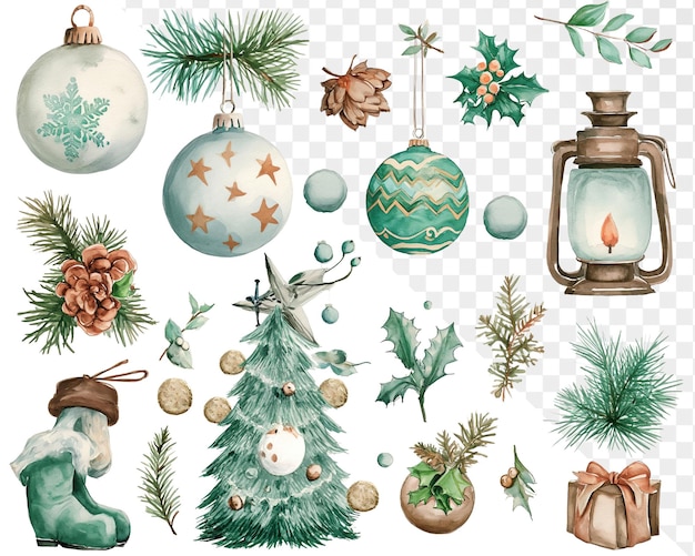 Watercolor Christmas Decorations in Emerald and Brown Style