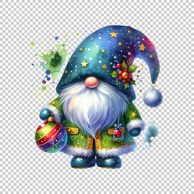 Watercolor Christmas gnome with ornament isolated on transparent background