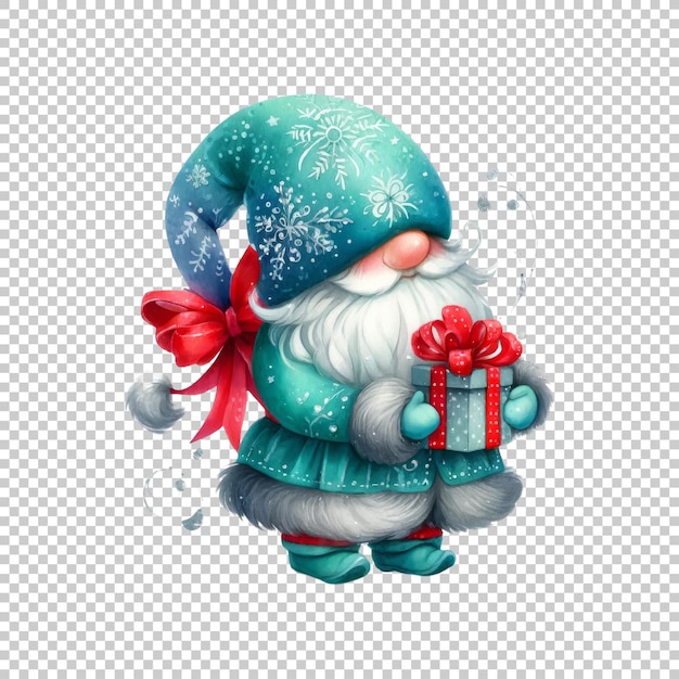 Watercolor Christmas gnome with present isolated on transparent background