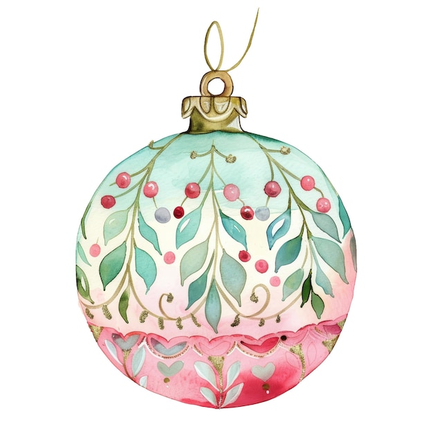 PSD watercolor christmas ornament with floral and leaf patterns in red and green