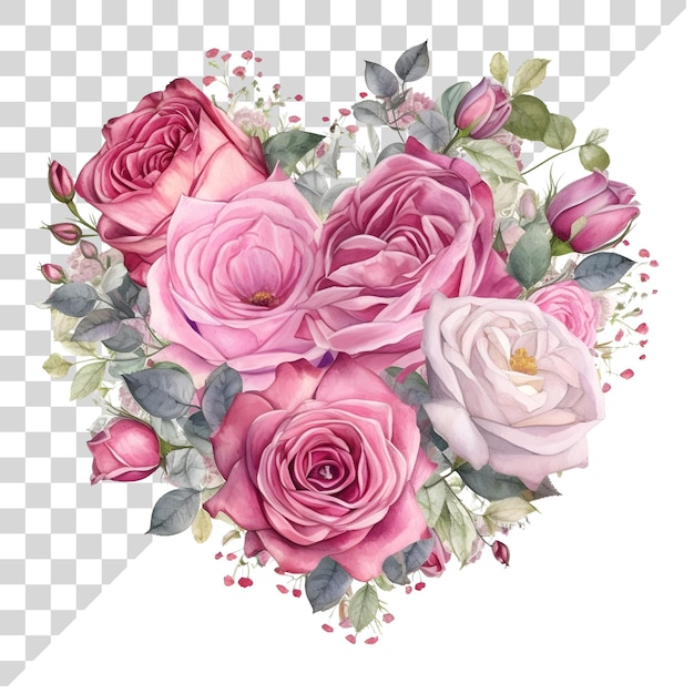 PSD watercolor clipart heart shape bouquet flower on transparent background