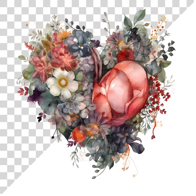 PSD watercolor clipart heart shape bouquet flower on transparent background