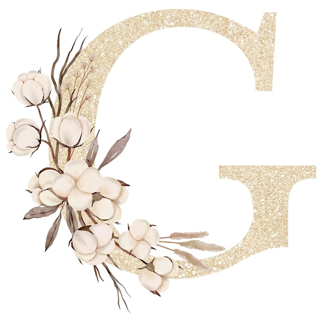 Watercolor Cotton Flower Alphabet Decoration G