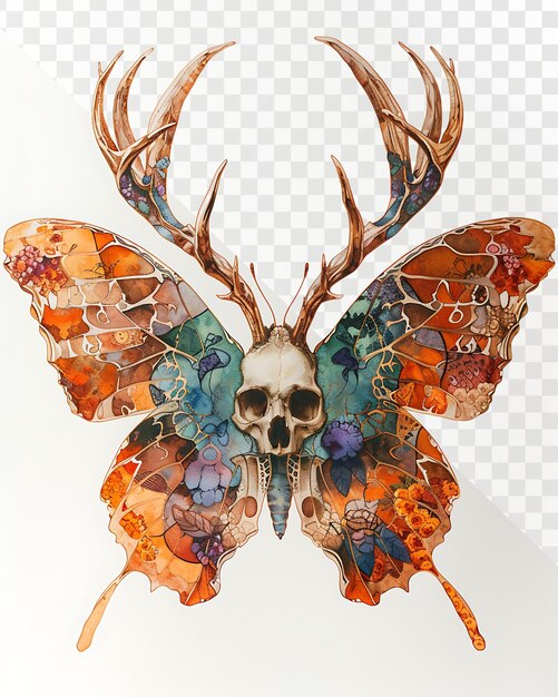 PSD watercolor cryptid butterfly with skull and deer antlers symmetry