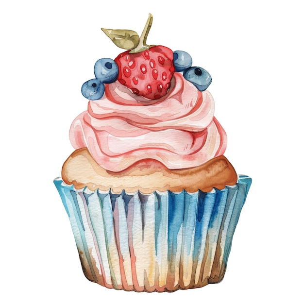 PSD watercolor cupcake with strawberry and blueberries topped with pink icing in blue wrapper