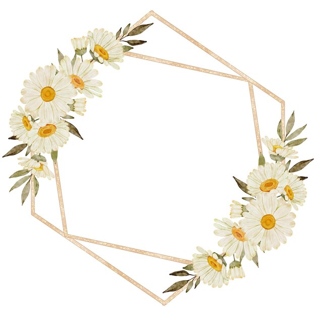 Watercolor Daisy Floral Frame in Gold Geometric