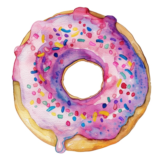 PSD watercolor donut with colorful sprinkles and pink icing sweet dessert illustration