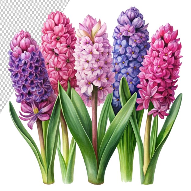 watercolor drawing of hyacinth flowers set of pink isolated on transparent background