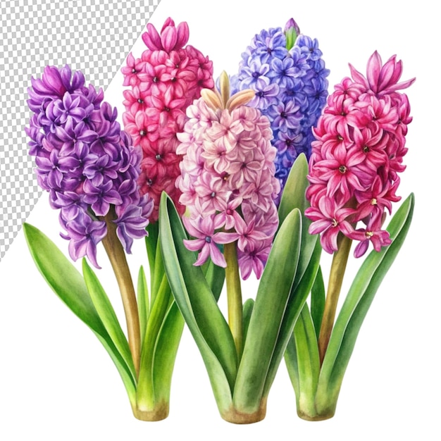 watercolor drawing of hyacinth flowers set of pink isolated on transparent background