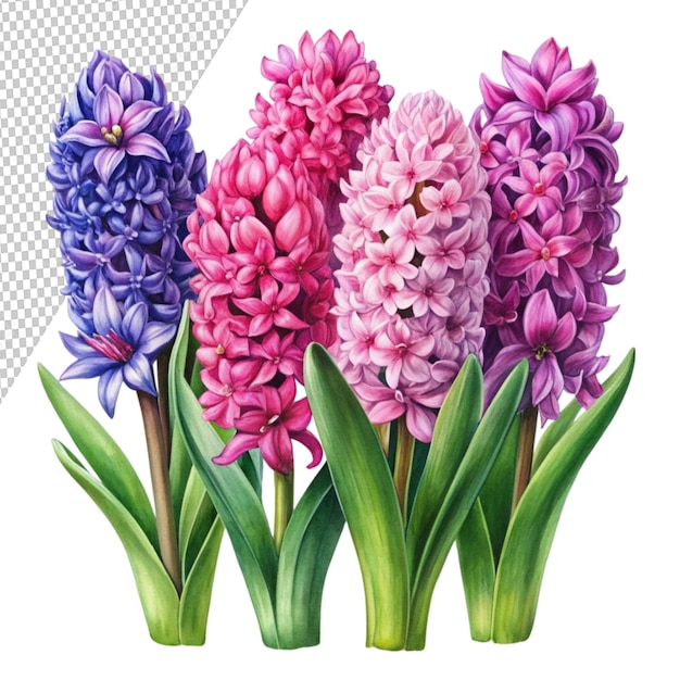 watercolor drawing of hyacinth flowers set of pink isolated on transparent background