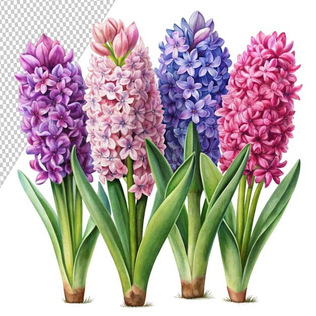 watercolor drawing of hyacinth flowers set of pink isolated on transparent background