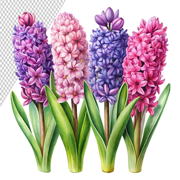 watercolor drawing of hyacinth flowers set of pink isolated on transparent background