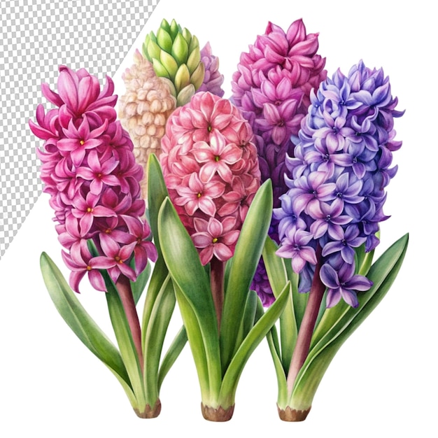 watercolor drawing of hyacinth flowers set of pink isolated on transparent background