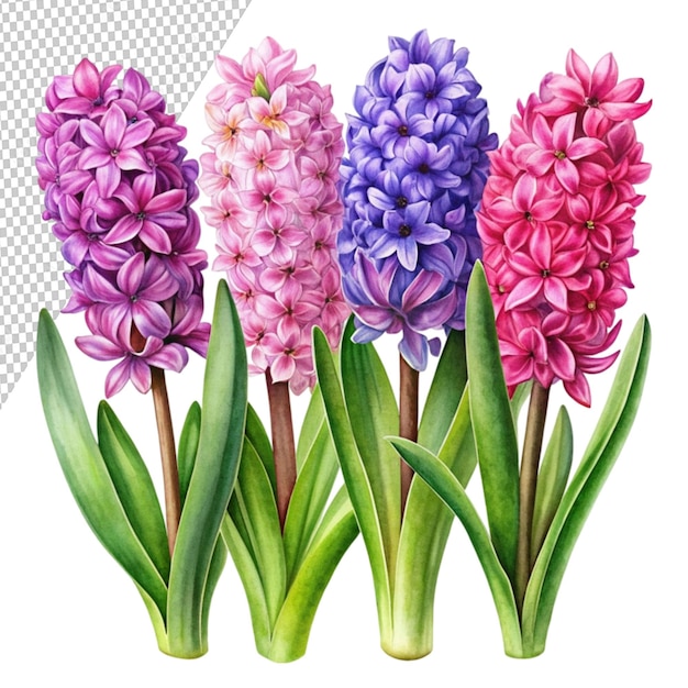 watercolor drawing of hyacinth flowers set of pink isolated on transparent background